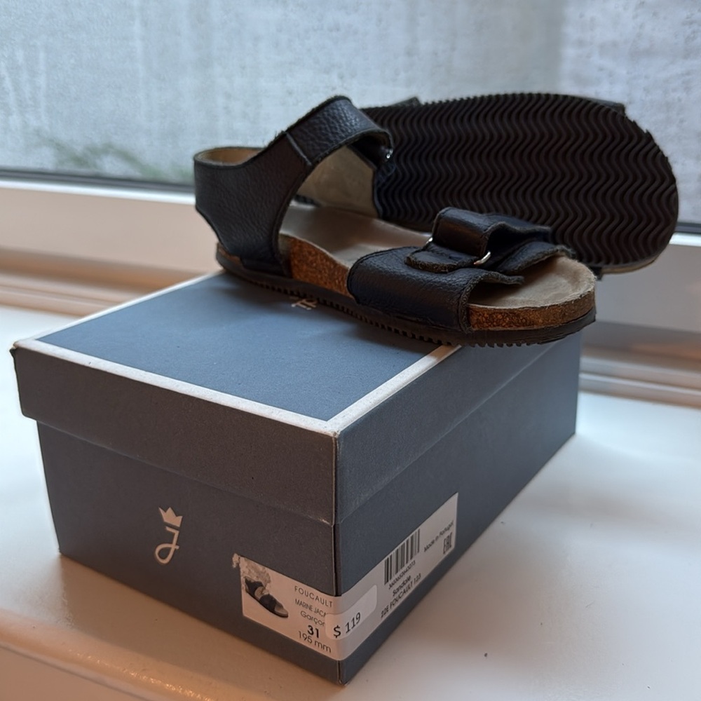 Jacadi Navy Leather Sandals with Adjustable Straps and Cushioned Footbed
